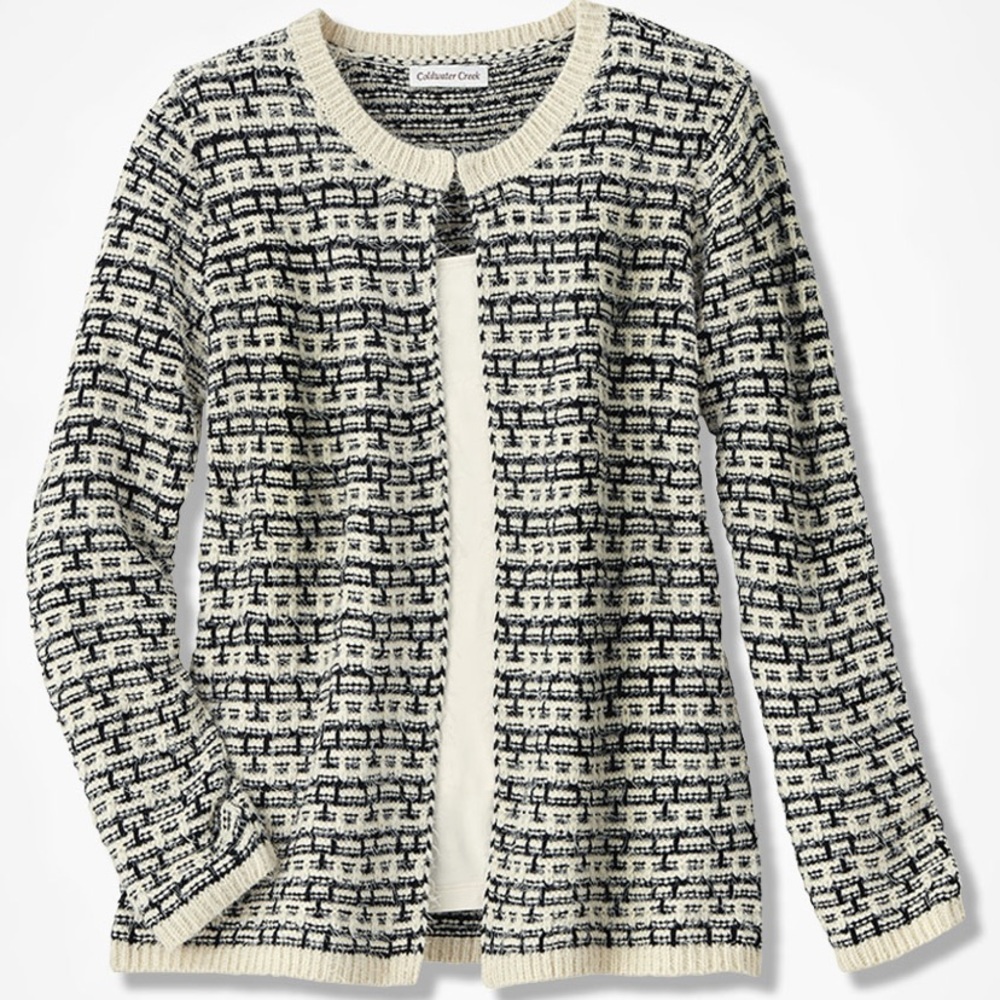 Coldwater Creek Black White Jewel Eyelash Jacquard Cardigan women Large Sweater